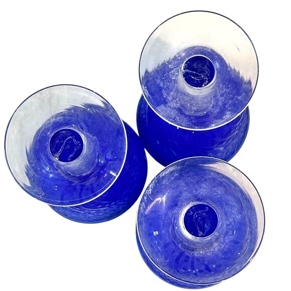 "It's A Blast" Arizona Cobalt Blue/Clear Stem Art Glass Water Wine Goblets-Set 3 - Picture 7 of 10